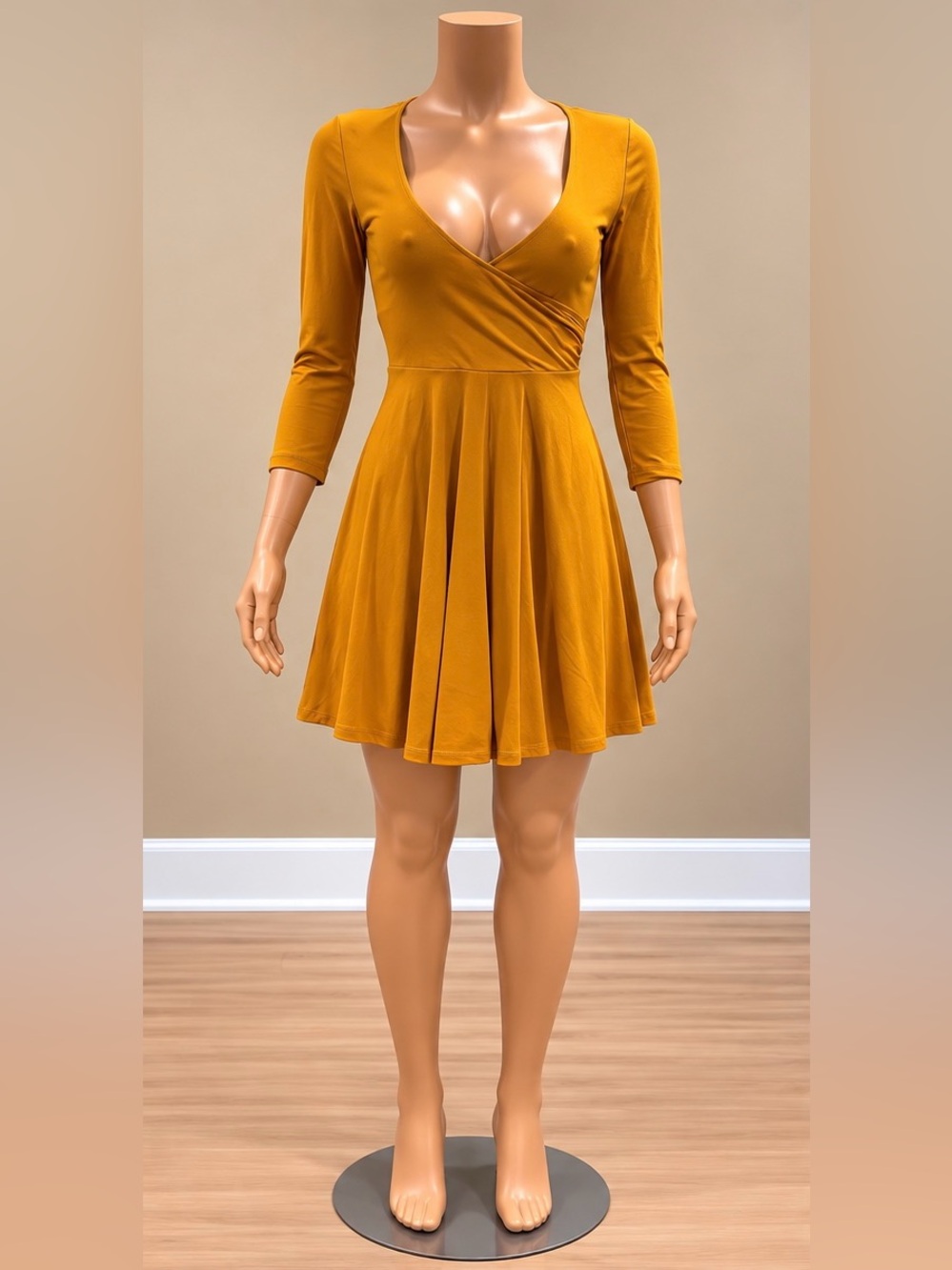 Forever 21 Mustard Surplice Faux Wrap Fit Flare Mini Dress 3/4 Sleeve S NWT